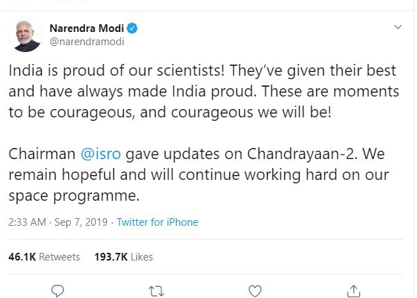 Prime Minister's Tweet after the Vikram lander went silent